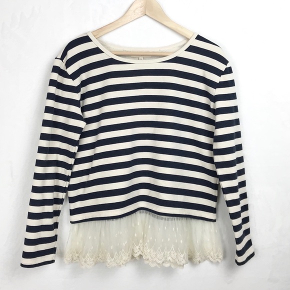 Altar’d State Navy Cream Stripe Lace Scalloped - Picture 1 of 8